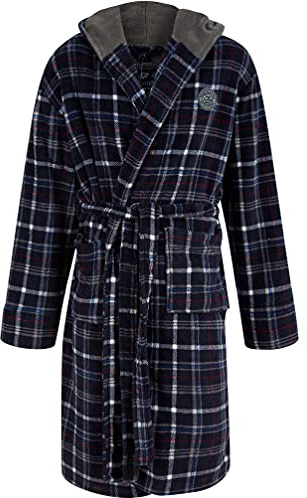Tokyo Laundry Men's Checkered Soft Fleece Hooded Dressing Gown | Thick Warm Shawl Collar