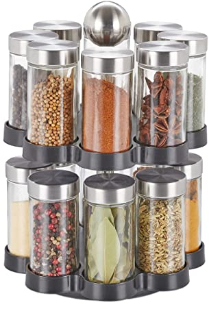 Relaxdays Gewürzkarussell, 16 Gewürzgläser, Gewürzregal 360° drehbar, Edelstahl, Glas, HxD: 25 x 17,5 cm, Silber/schwarz