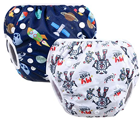 Vicloon Pannolino da Nuoto, 2 Pannolini Lavabili Pannolini da Nuoto, Costume Piscina Regolabile Riutilizzabile Costumi per Bambini, Impermeabile Pannolino Piscina, Cosmico Blu e Robot Bianco, 0-3 Anni