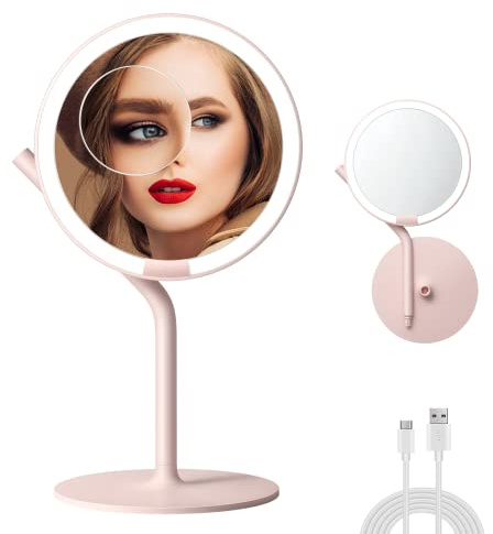AMIRO Rechargeable Mirror LED Illuminated with 5X Magnification, Dimmable Brightness and 180°Rotation, Make-up Mirror with Light for at Home and on Travelling rosa