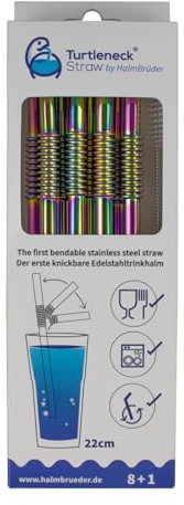 Cannucce pieghevoli e riutilizzabili, l'unica cannuccia flessibile in acciaio inox, brevettate e certificate igieniche, set di 8 + detergente per cannucce (arcobaleno)