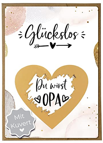 Joli Coon Rubbelkarte Du wirst Opa, mit Kuvert, Schwangerschaft verkünden | 350g Designerpapier, fühlbare UV-Lack-Veredelung, naturfarbenes Steckkuvert mit goldenem Herz, zur Schwangerschaftsverkündung