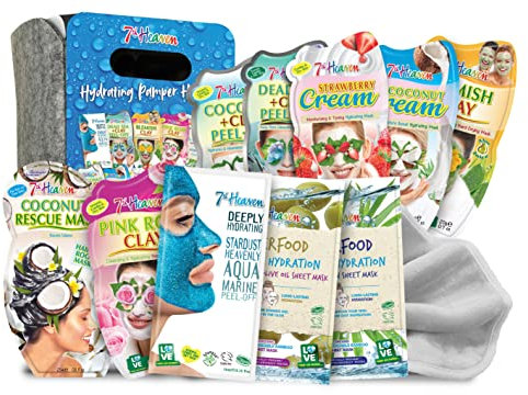 7th Heaven Hydrating Pamper Hamper Gift Set - 9 x Face Masks, 1 x Volumising Hair Masks for Dry Damaged Hair & Soft Cleansing Cloth - Skincare Set with Cream & Peel Off Face Masks