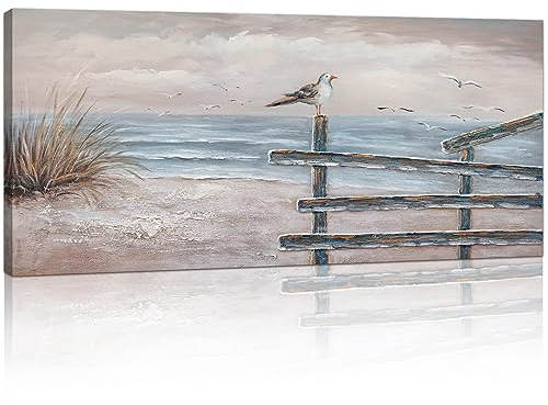 Mit Rahmen Großes Leinwandbilder Bilder Abstrakt Küste Strand Möwen bild auf leinwand Wandkunst Modern Wandbilder XXL Kunstdruck Deko für Wohnzimmer Schlafzimmer fertig zum Aufhängen 120x50cm