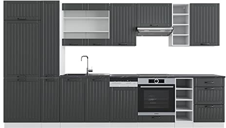 Vicco Küchenzeile Fame-Line, Anthrazit Landhaus/Weiß, 355 cm mit Hochschrank, ohne Arbeitsplatte, geeignet zur individuellen Erweiterung mit Zusatzmodulen