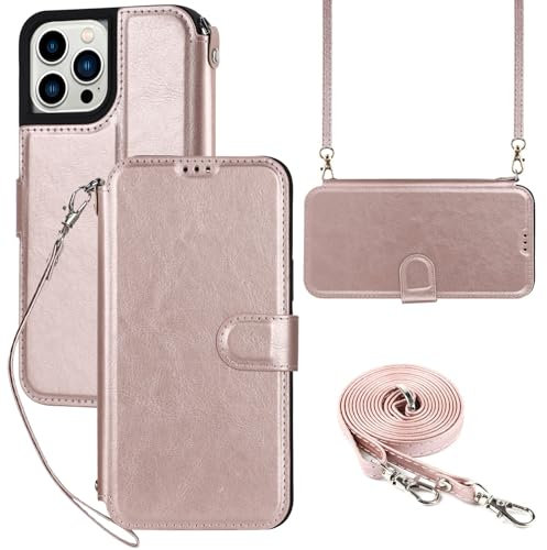 ELTEKER Hülle für iPhone 12 Pro Max Handyhülle mit Band Crossbody Strap, Klapphülle mit dem Verstellbaren Umhängeband - Rosa