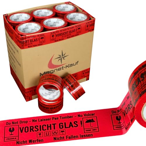 Magnet-Kauf 36 Rollen Paketklebeband Packetbandrollen Klebeband Vorsicht Glas 48mm x 66m Packband Paketband Kartonband Stark Kleberolle Verpackungsband Rot Achtung Zerbrechlich Fragile