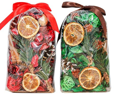 Qingbei Rina Christmas Potpourri Bags,Cinnamon/Apple/Pine Scented Potpourri Bowl Filler,Winter Holiday Decorative Dried Flowers,Home Fragrance Sachet of Petal, Vase Filler,2 Bags,20 oz(Red+Green)