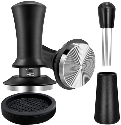 Coffee Espresso Tamper 51mm with WDT Tool Calibrated Spring Loaded, Coffee Tamper with Silicone Tamper Mat,Black Espresso Distribution Tool,Stainless Steel Base Tamper for Espresso Coffee Machine