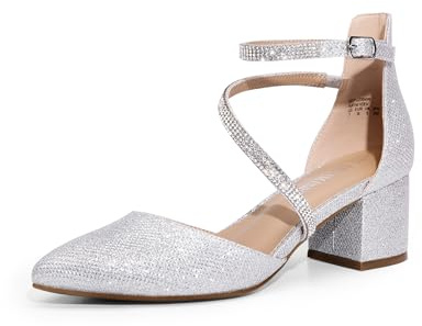 DREAM PAIRS Dam stängd spetsig tå låga tjocka klackar pumps ankelrem bröllop affärer dressy skor, SILVER, 8.5 US