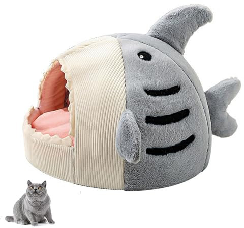 YPDOPORA Cat Beds for Indoor Cats, Shark-Shaped Warm Cat Cave with Removable Washable Pillow for Cat, Warm Soft Kitten Houses & Condos for Dogs And Cats,Gray,S