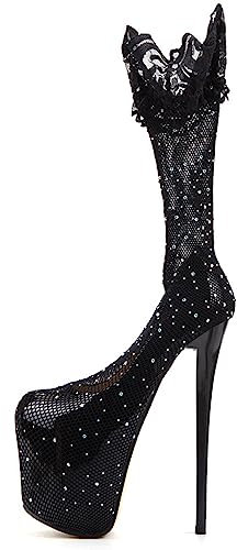 WOkismD 19CM Pole Dance High Heel Pumps Strass Spitze Mesh Super High Heels Runde geschlossene Zehen Pumps für Unisex Männer Frauen Sexy Nachtclub Party Stripper Schuhe,Schwarz,39