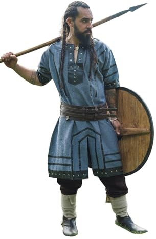 Leonardo Carbone® viking tunika rullgardin – medeltida skjorta herr, fritidsskjorta kortärmad, karnevalkostym herr, vikingtunika, LARP-kläder – 100 % bomull med läderapplikationer, blågrå, M