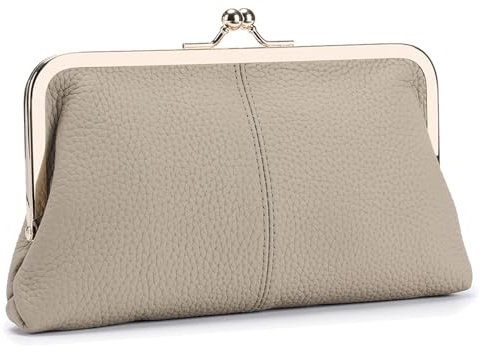 Karoukee Weiches Echtleder Geldbörse für Frauen, Vintage Style Damen Handy Geldbeutel, Elegantes Portemonnaie mit 8 Kartenfächern, Goldener Kuss-Schloss-Verschluss, Grau