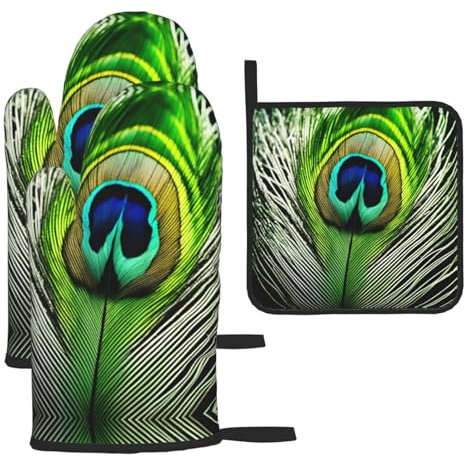 Set di 3 guanti da forno e presine in piuma di pavone verde, guanti da forno da cucina, guanti resistenti al calore