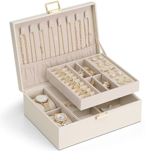 Vlando Jewellery Box, 2 Layer Jewellery Organiser with Watch Pillow, Jewellery Storage Case for Necklace,Bracelets, Earring Storage Organiser, Gift for Women,White