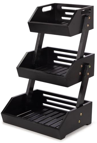 woodluv Storage Basket 3 Tier, Fruit Vegetable Rack, Display Rack, Organiser for Home, Kitchen or Office, Spice Jar Holder, Storage Rack, Fruit Stand for Kitchen, Bathroom Storage, Black