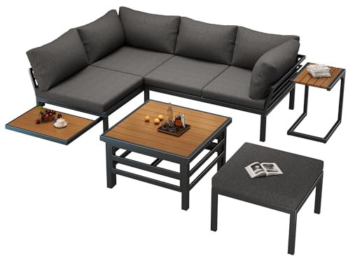 Gartenmöbel-Set (2 Doppelsofas plus 1 Fußhocker), 1 Kunststoff-Plattenhubtisch, Gestell aus verzinktem Eisen, inkl. Sitzpolster und Kissen, mit kleinem Beistelltisch, kleine Tischplatte ausziehbar