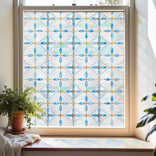 Fensterfolie selbstklebend 3D Buntglas-Fensterfolie Fenster-Sichtschutzfolie für Badezimmer, Haustür, Haus, Sonnenschutz, Wärmeschutz, Blaue Tränen 44x120CM