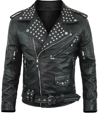 STOREJEES Schwarze Lederjacke für Herren – asymmetrischer Motorrad-Biker-Stil, echtes Lammfell, Nieten, Lederjacke, Rock-Punk-Mode