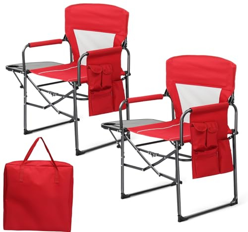 Bonnlo Camping Chairs for Adults Heavy Duty, Folding Directors Chair (2pc) | With Side Table, Cup Holder, Storage Pocket, Supports Up to 120KG, Portable for Outdoor Garden Fishing Festival BBQ (Red)