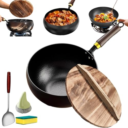 Pentola in ferro spesso non rivestita, padella forgiata a mano durevole senza rivestimento, padella in ferro antiaderente con coperchio in legno, padelle in ghisa, adatta per la famiglia (tipo B, 26