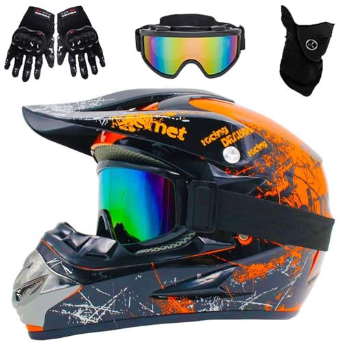 Casco da Motocross Per Ragazzi, con Occhiali, Guanti E Maschera, Casco Per Bambini ATV Dirt Bike Bmx MX Downhill Mountain, Bike Quad Bike, Omologato DOT(125 orange flower,XL (58-59cm))