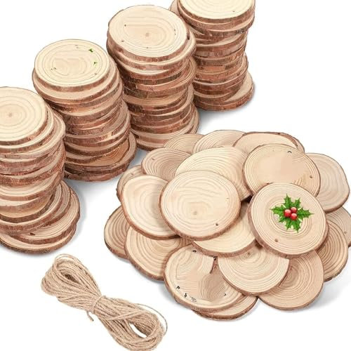 HLHLH Lot de 100 rondelles de Bois Naturel de 3,8 à 2,5 cm, Cercles en Bois Brut, Ronds en Bois pré-percés avec Trou et Ficelle, sous-Verres en Bois, décorations en Bois