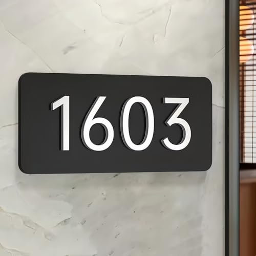 MEIEG Personalized 3D Acrylic Door Sign, Self-Adhesive Plaque with Custom Number, Engrave Doorplates, Fashion Wall Decor Plaque for House(White,24x11cm)
