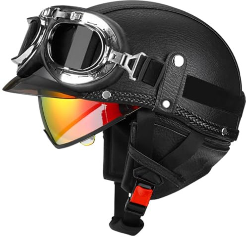 Casque Moto Vintage Casques Jet avec Visière Casques Bols Casque Mobylette avec Lunettes Homologué Dot/ECE Rétro Demi Casque Moto Vélo Scooter Chopper pour Adultes Homme Et Femme