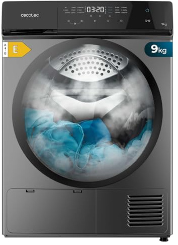 Cecotec Secadora de Ropa 9Kg Bomba de Calor Bolero DressCode Dry 8400 Steel. Clase Equivalente A++, Control Táctil, 15 Programas, Secado Automático, Planchado Fácil, Tambor Giro Bidireccional, Acero