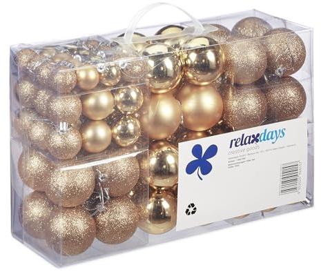 Relaxdays Weihnachtskugeln 100er Set, Weihnachtsdeko, matt, glänzend, glitzernd, Christbaumkugel 3, 4 & 6 cm, Champagner
