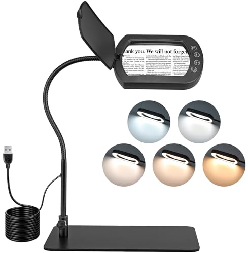 COLFULINE Lupe mit Licht und Ständer, 72 LED 10X Leselampe 5 Farbmodi & stufenlos dimmbar Lupenleuchte, USB-Anschluss, Flexible Schwanenhals Lupenbrille mit Licht, Lupe zum Lesen, Hobbys, Sehschwäche