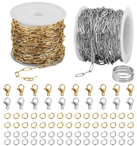2 Rollen Büroklammer-Ketten für Schmuckherstellung, 10m Silberne und Goldene Edelstahlketten mit Karabinerverschlüssen Offene Verbindungsringe & Öffnungswerkzeug für DIY Halsketten Fußkettchen