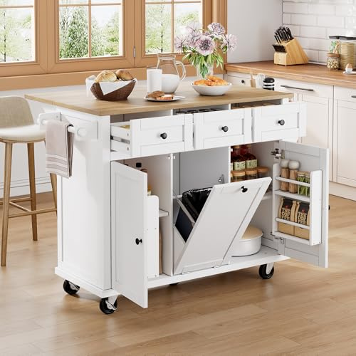 Rosebibi Isla de cocina con ruedas, para comedor, cubo de basura y cajones, portátil, ideal para cocina y comedor (blanco)