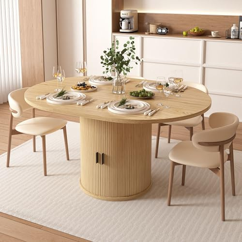 Vipbear Extendable Dining Table 43-59 for 4-6 People, Solid Wood Top with Fluted Slide Door & 8-Compartment Storage, Space Saving Round Dining Room Kitchen Dinner Tables Furniture with Pedestal Base