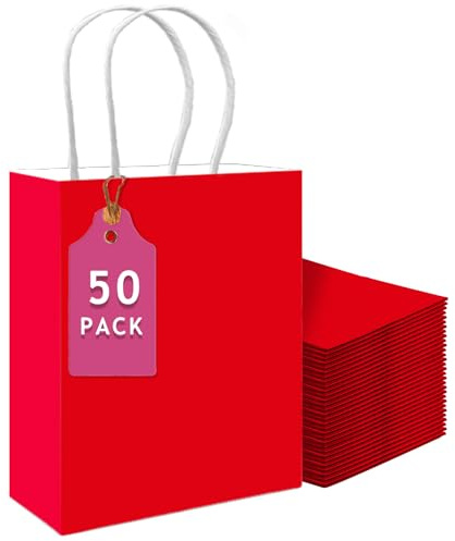 Gcardist 50 sacchetti regalo rossi grandi in carta con manici – 13 × 10,3 × 4,6 sacchetti regalo per feste per molteplici usi