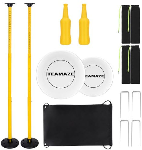 Hikeen Flying Disc Game Set, Disc Toss Outdoor Games Height Adjustable Bottle Drop Set, Score Tracker, Portable Bottle Set for Family Yard Lawn Beach