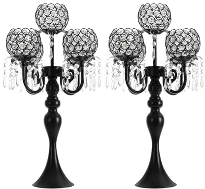 Kristall Kerzenhalter 2er Set 57cm, 5-Armiger Kandelaber Tischdeko, Schwarz | Moderner Tischkerzenständer für Hochzeiten Abendessen Geburtstage, 13cm Basis Stabil