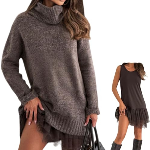 Set da donna con mini abito a collo alto, 2 pezzi, maglione e gonna, con bordo in pizzo, morbido top oversize in maglia, Marrone scuro, XL