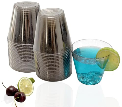 KINGSUSLAY 50PCS Premium Plastic Party Cups, Clear Hard Plastic Cups with Sliver Glitter (265ml / 9oz) - Reusable Plastic Glasses, Tumblers, Gold Cups for Drinks, Cocktail, Dessert, Wedding, Parties.