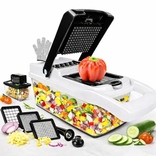 8-Blade Vegetable Chopper and Mandoline Slicer with Container, Manual Food Cutter for Onions, Salad and Meal Prep, White