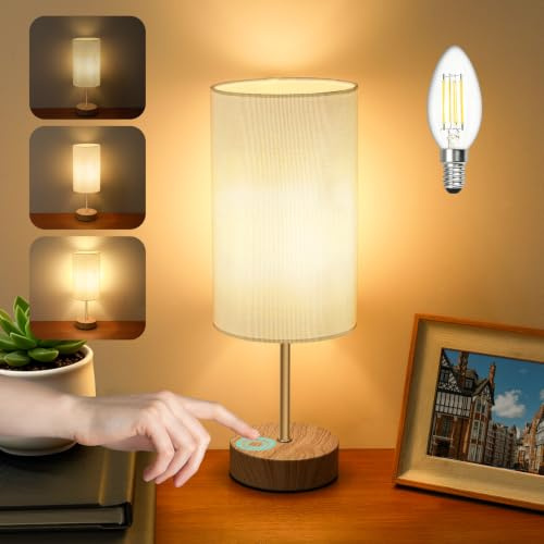 Nachttischlampe Touch Dimmbar, Tischlampe Lampe, Touch Lampe für Nachttisch | Nachttischlampe mit Kabelschalter,Lampenschirm aus Leinenstoff Metallsockel,für Nachttisch Schlafzimmer Wohnzimmer, Mit Birne
