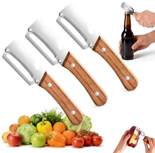 Pelador Verduras Multifunción,Pelador de verduras de con mango de madera y abrebotellas,Pelador Acero Inoxidable con Mango de Madera,para frutas, manzanas, patatas (3pcs)