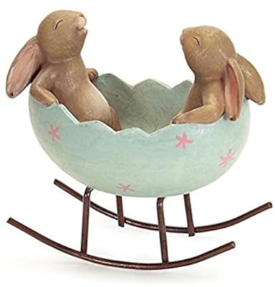 KiaoTime Laughing Bunny Rabbits Rocking in an Easter Egg Cradle Spring Easter Decoration Vintage Rustic Country Bunnies Rabbit Figurine Statue (Bunnies in a Cradle)