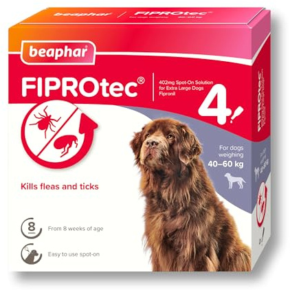 Beaphar - FIPROtec Spot-On Flea & Tick Treatment for Extra Large Dogs 40-60kg – 4 Pipettes - Kills Fleas & Ticks – Veterinary Medicine - Easy to Apply Monthly - For Dogs & Puppies from 8 Weeks Old