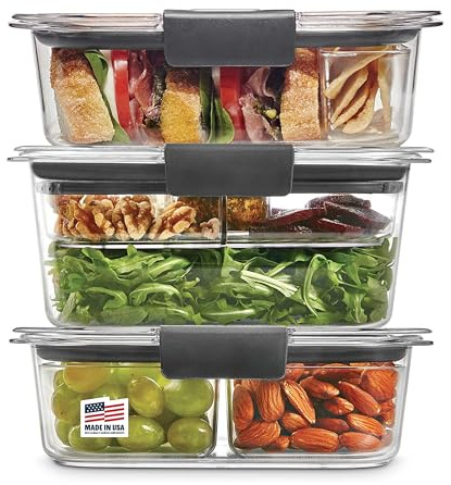 Rubbermaid Commercial Products Brillantezza a Prova di perdite Rubbermaid Brilliance Alimenti, 12 contenitori in plastica con coperchi, per panini e insalate, Trasparente, Grigio
