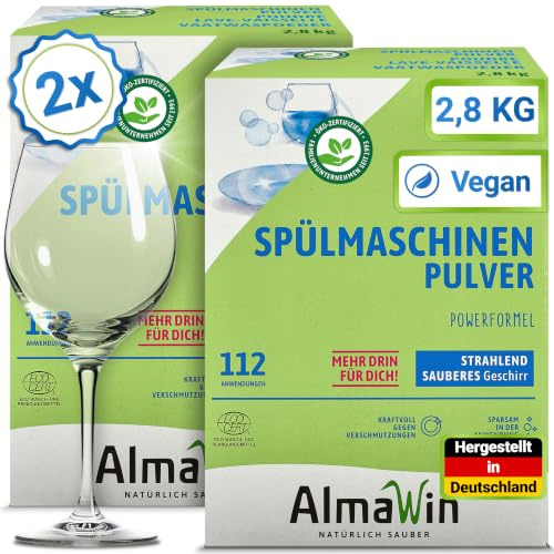 AlmaWin® Spülmaschinen Pulver mit Powerformel für strahlend sauberes Geschirr [2x 2,8kg - 224 Anwendungen] - Kraftvolles Geschirrspülmittel Pulver - Ohne Phosphate, Öko & VEGAN, Dishwasher Powder