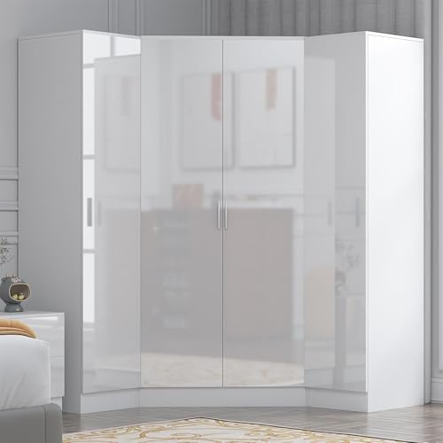 Reflect 3 Piece Wardrobe Bundle | 2 Door Corner + 2x 1 Door Plain | White Gloss & Matt White Finish | H: 180cm x W: 179cm x D: 103cm | Modern Bedroom Furniture Storage Solution