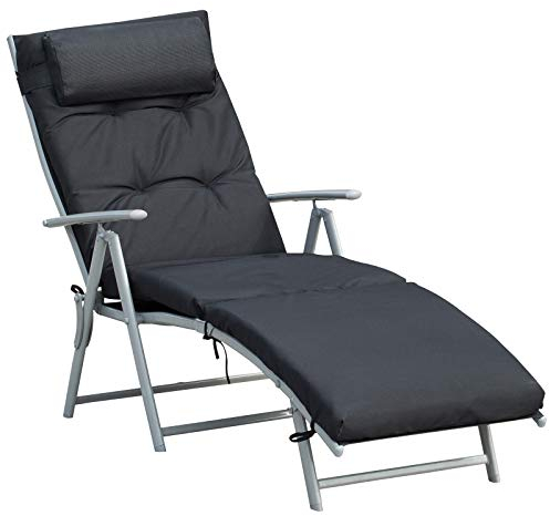 Outsunny Sonnenliege klappbar Strandliege mit Kopfkissen Sitzkissen Liegestuhl mit 7-Fach verstellbare Rückenlehne Gartenliege Relaxliege bis 165 kg belastbar, für Garten Urlaub Outdoor, Schwarz